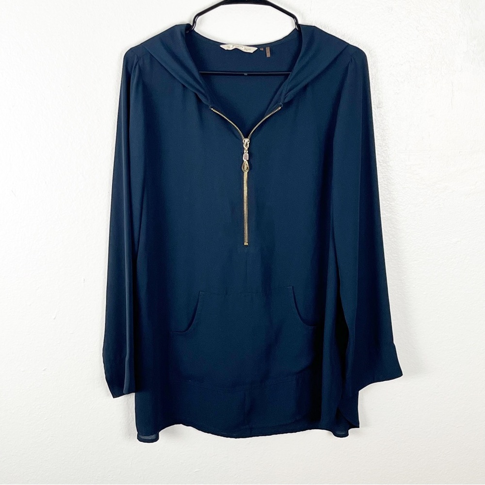 SOFT SURROUNDINGS Navy Sheer Long Sleeves Hoodie Kangaroo Pocket Top Size Medium